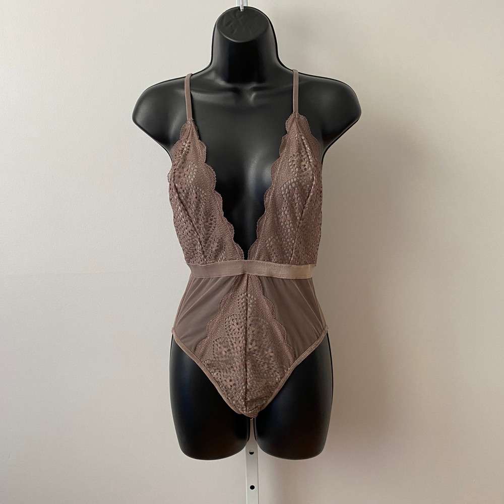 Victoria's Secret Small Mauve Lace Bodysuit Plunge Mesh Strappy Teddy Lingerie